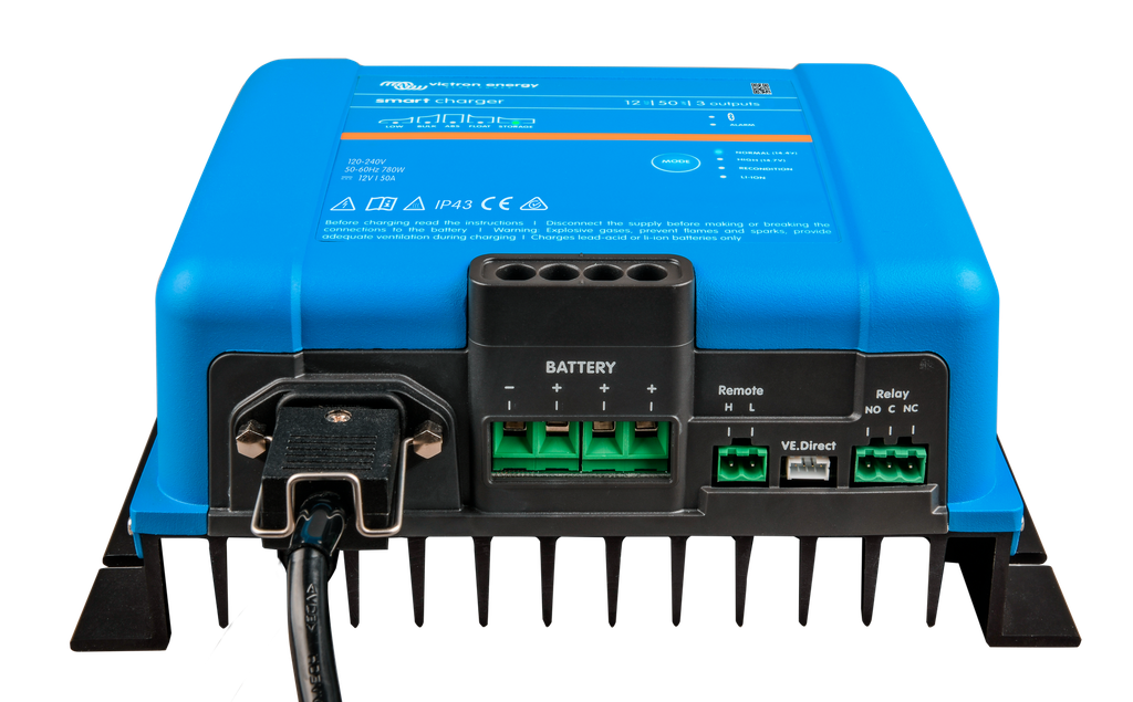 Smart IP43 Charger 12V 50A 3 outputs (front-angle) 