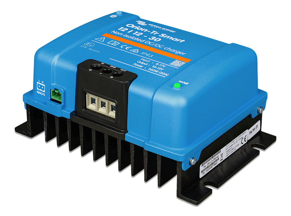 Orion-Tr Smart 12/12-30A (360W) Non-isolated DC-DC charger (left) 
