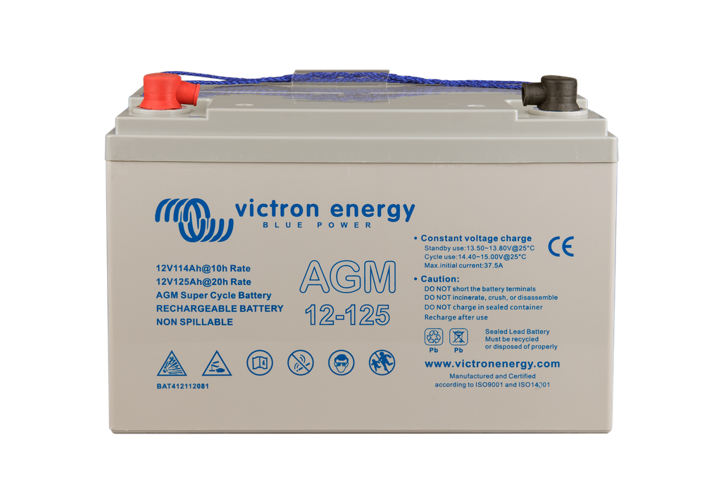 12V 125Ah AGM Super Cycle Battery (front with protectors)