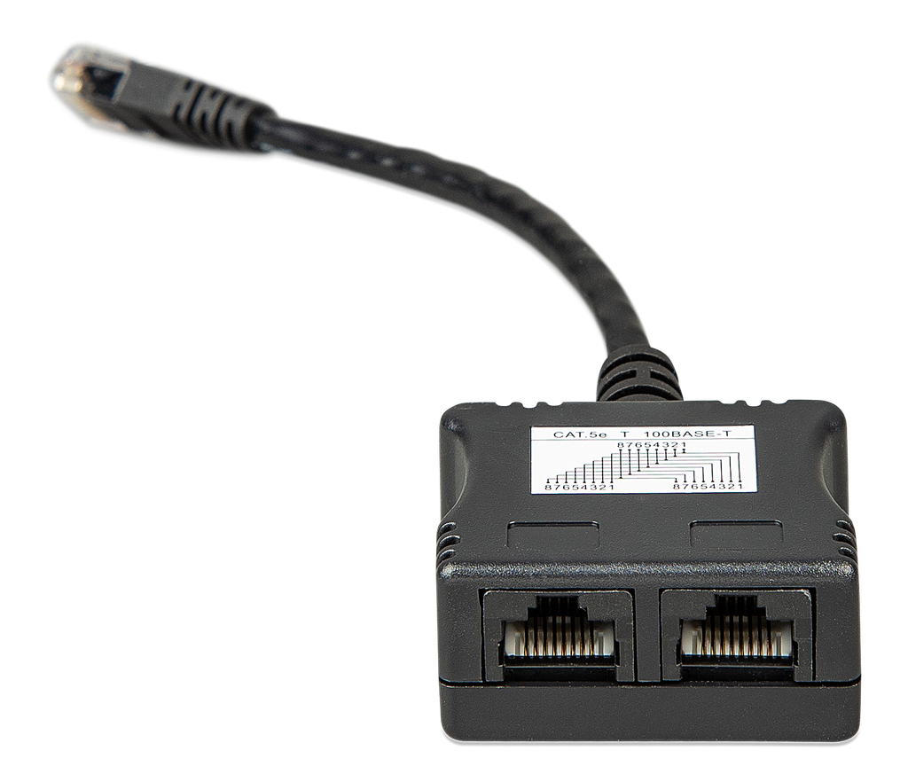 RJ45-splitter 1xRJ45 male15cm cable2xRJ45 female (front-angle1)