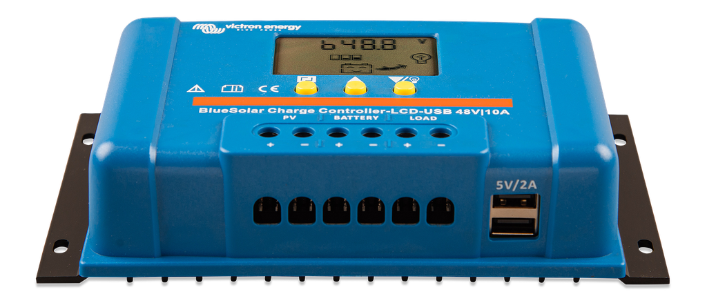 BlueSolar PWM Charge Controller LCD USB 48V-10A (front-angle) 