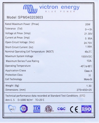 [SPM040203603] 20W-36 cells Mono 275x450x25mm 4c *IF 0, order SPM040203604*